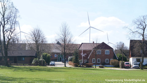 Visualisierung Windräder hinter dörflicher Bebauung in einem Windpark in Schleswig-Holstein - Modelldigital.de